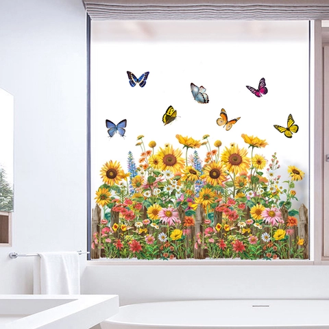 Pegatinas de Pared Impermeables Girasol Mariposa Valla PVC Floral Jardín Calcomanía para Sala de Estar Dormitorio Cocina Hogar