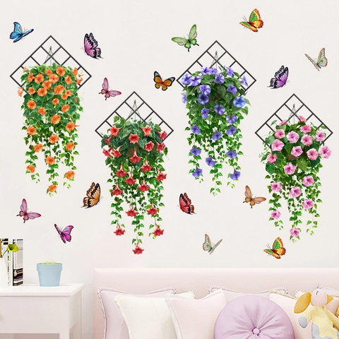 Modern PVC Morning Glory Flower Basket Butterfly Wall Sticker Waterproof Self-Adhesive Floral Mural For Living Room Bedroom Decor