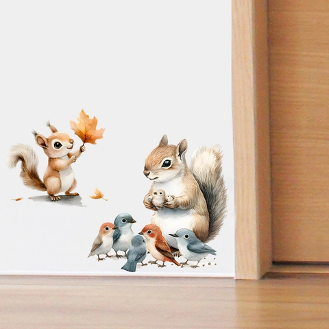 Aquarell Eichhörnchen Und Vogel Wandtattoo Wasserdicht PVC Selbstklebend Wandaufkleber Für Kinderzimmer Schlafzimmer Heimdeko