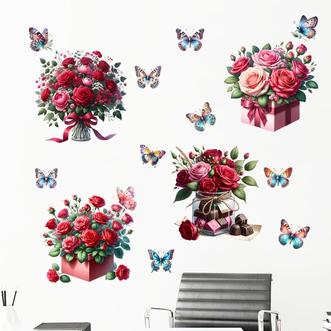 Pegatinas de Pared de Rosa Caja de Regalo Mariposa Impermeable PVC Murales Extraíbles Para Sala de Estar Dormitorio Casa