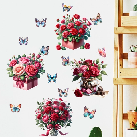 Pegatinas de Pared de Rosa Caja de Regalo Mariposa Impermeable PVC Murales Extraíbles Para Sala de Estar Dormitorio Casa