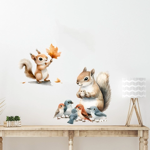 Aquarell Eichhörnchen Und Vogel Wandtattoo Wasserdicht PVC Selbstklebend Wandaufkleber Für Kinderzimmer Schlafzimmer Heimdeko