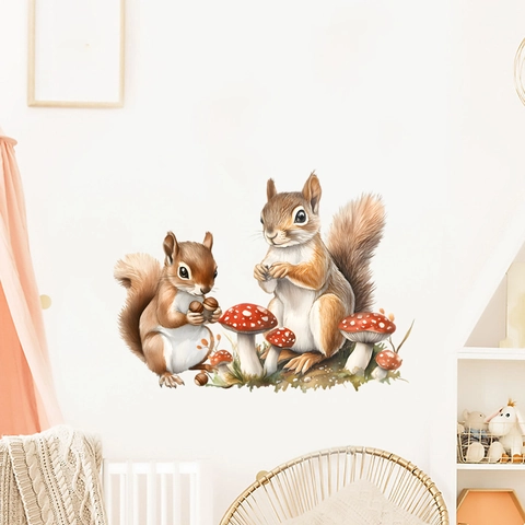 Aquarell Eichhörnchen Und Pilz Wandaufkleber Wasserdichtes PVC Waldtier Dekal Für Kinderzimmer Kinderzimmer Home Decor