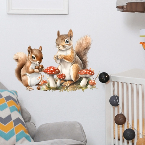 Aquarell Eichhörnchen Und Pilz Wandaufkleber Wasserdichtes PVC Waldtier Dekal Für Kinderzimmer Kinderzimmer Home Decor