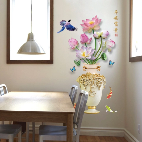 Pegatina de Pared Jarrón de Flor de Loto Estilo Chino PVC Impermeable Mural Autoadhesivo para Dormitorio Sala de Estar Hogar