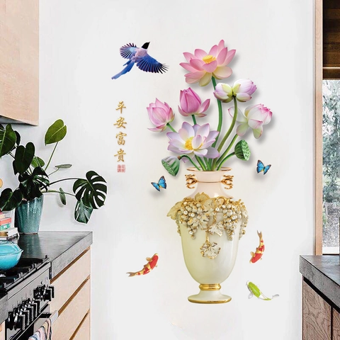 Chinese Style Lotus Flower Vase Wall Sticker PVC Waterproof Self Adhesive Mural For Bedroom Living Room Home Decoration