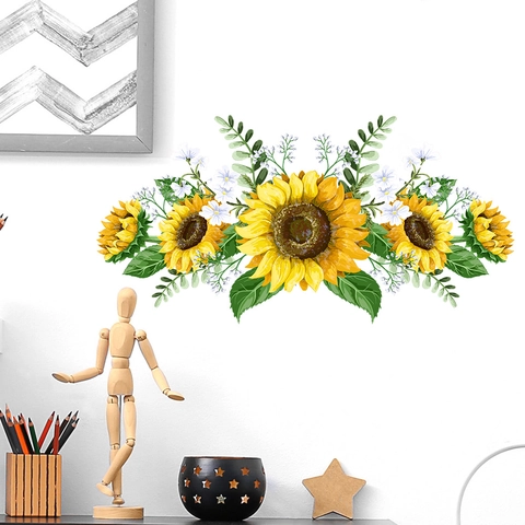 Wasserdicht Sonnenblume Grüne Blätter Wandtattoo Selbstklebend PVC Floral Wandaufkleber Für Wohnzimmer Schlafzimmer Bad Home Decor