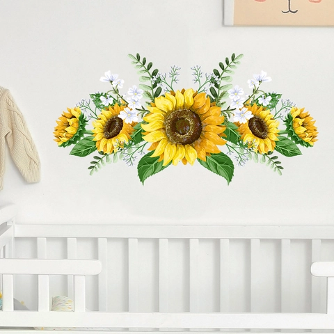 Wasserdicht Sonnenblume Grüne Blätter Wandtattoo Selbstklebend PVC Floral Wandaufkleber Für Wohnzimmer Schlafzimmer Bad Home Decor