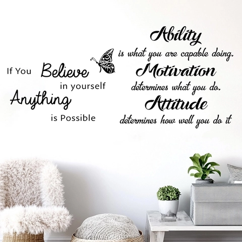 Inspirational English Quotes Wall Decal Butterfly Believe Yourself Removable PVC Waterproof Wall Sticker Home Office Decor