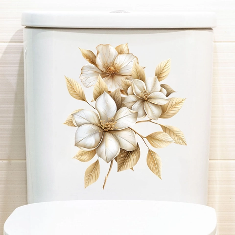 Adesivi per Gabinetto con Fiori e Farfalle Oro Impermeabile PVC Autoadesivo Decalcomania da Parete Bagno Moderno Decorazione per Casa