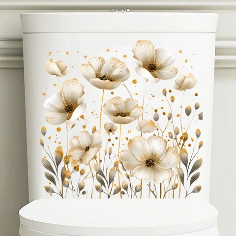 Adesivi per Gabinetto con Fiori e Farfalle Oro Impermeabile PVC Autoadesivo Decalcomania da Parete Bagno Moderno Decorazione per Casa