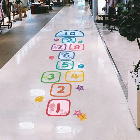Cartoon Oceaan Thema Hinkelen Vloerstickers PVC Waterdicht Verwijderbare Cijfers Muurstickers Voor Kinderen Speelkamer Spel