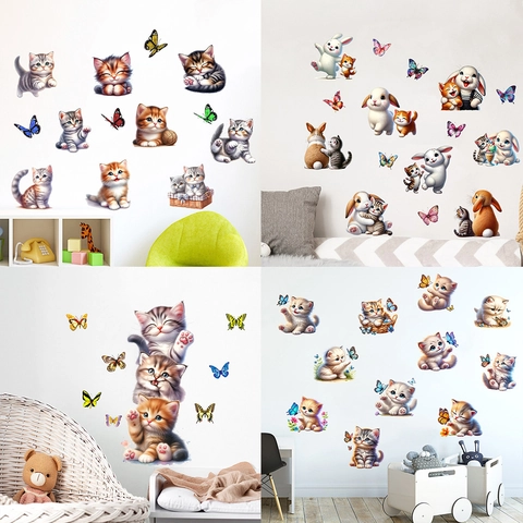 Cartoon Dier Muurstickers Voor Kinderkamer Slaapkamer PVC Waterdicht Kat Uil Vlinder Zeeschildpad Muurstickers Home Decor Esthetische Verwijderbare Sticker