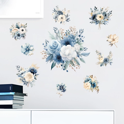 Blauwe Bloemen Muurstickers PVC Aquarel Roos Bloem Zelfklevend Waterdicht Muurstickers Voor Woonkamer Slaapkamer Home Decor