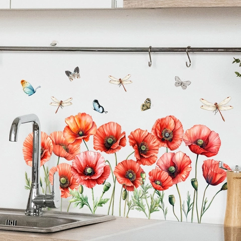 Roter Klatschmohn Schmetterling Libelle Wasserdicht Wandtattoo Selbstklebend PVC Wandbild Für Wohnzimmer Küche