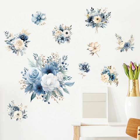 Blauwe Bloemen Muurstickers PVC Aquarel Roos Bloem Zelfklevend Waterdicht Muurstickers Voor Woonkamer Slaapkamer Home Decor