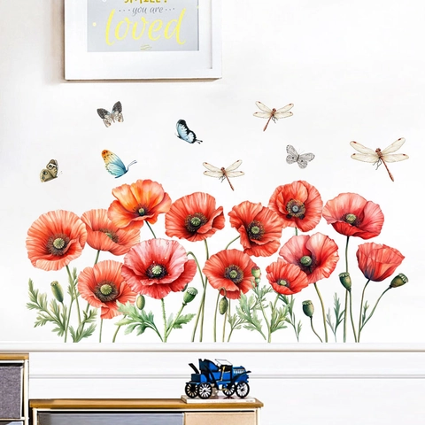 Roter Klatschmohn Schmetterling Libelle Wasserdicht Wandtattoo Selbstklebend PVC Wandbild Für Wohnzimmer Küche