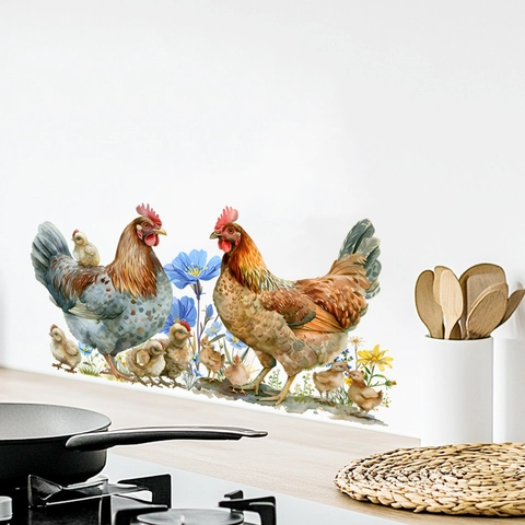 Watercolor Farm Chicken Hen Chicks Floral Wall Sticker Waterproof PVC Decal For Kitchen Bedroom Home Wall Decor
