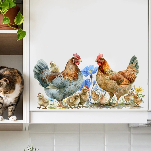 Watercolor Farm Chicken Hen Chicks Floral Wall Sticker Waterproof PVC Decal For Kitchen Bedroom Home Wall Decor