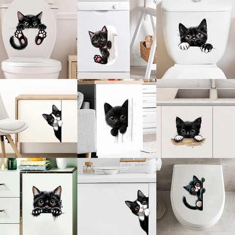 Sticker Mural Chat 3D Drôle Imperméable PVC Décalcomanie Animale Pour Toilette Réfrigérateur Machine À Laver Décoration Maison