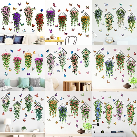 3D Rosenblüten Rebe und Schmetterling Wandaufkleber aus PVC Abnehmbare DIY Wandkunst für Wohnzimmer Schlafzimmer Wanddeko