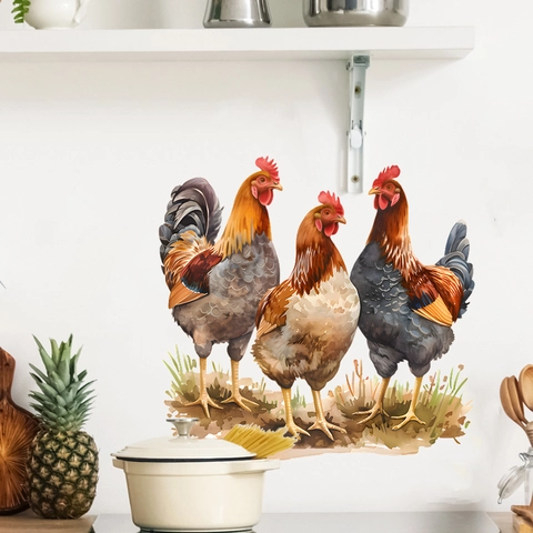 Farm Chicken Waterproof Wall Sticker Watercolor Rooster Hen PVC Self Adhesive Mural Kitchen Fridge Cabinet Home Decor