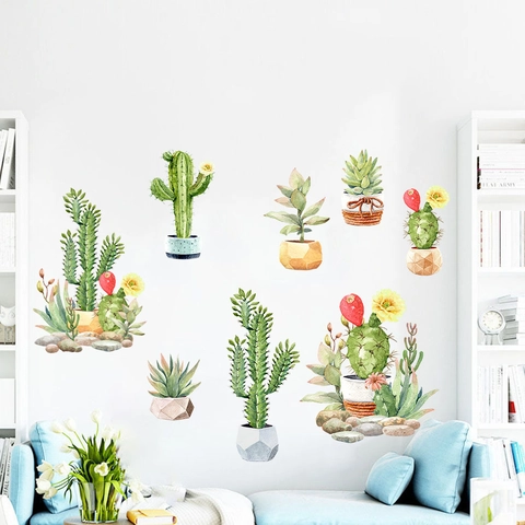 Pegatina de Pared Plantas en Maceta Cactus Acuarela Impermeable PVC Autoadhesivo Calcomanía para Sala de Estar Dormitorio Niños