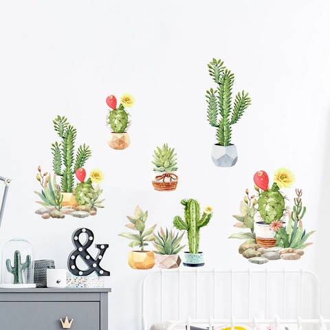 Pegatina de Pared Plantas en Maceta Cactus Acuarela Impermeable PVC Autoadhesivo Calcomanía para Sala de Estar Dormitorio Niños