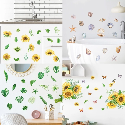 Pegatinas de Pared de PVC Girasol Hojas de Monstera Tropical Concha Mariposa Impermeable Decoración Hogar Arte Calcomanías Para Sala Baño