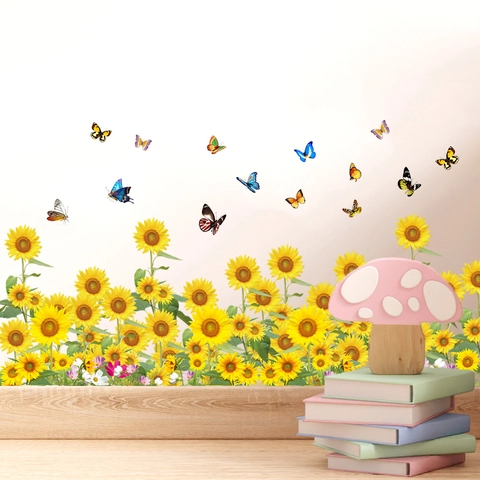 Adesivi Murali Impermeabili con Girasoli e Farfalle Autoadesivi in PVC per Decorazione di Soggiorno e Camera da Letto