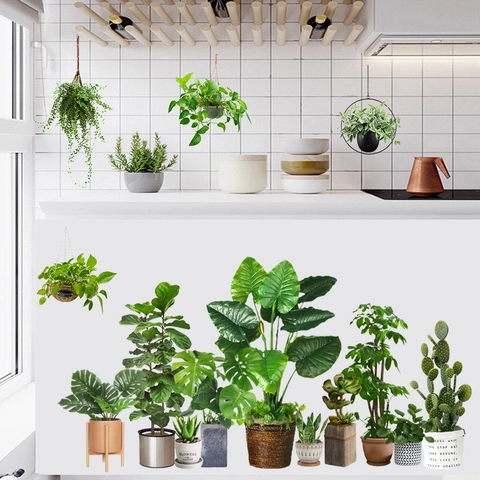 Pegatina de Pared Planta en Maceta Verde Minimalista Cactus Impermeable Autoadhesiva PVC Calcomanía Para Sala Dormitorio Hogar