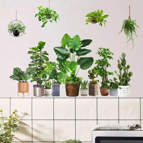 Pegatina de Pared Planta en Maceta Verde Minimalista Cactus Impermeable Autoadhesiva PVC Calcomanía Para Sala Dormitorio Hogar