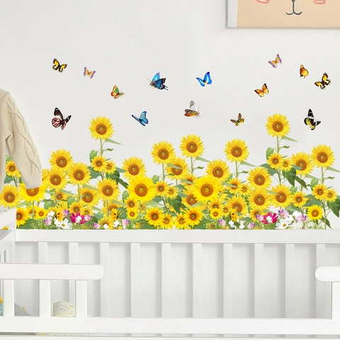 Adesivi Murali Impermeabili con Girasoli e Farfalle Autoadesivi in PVC per Decorazione di Soggiorno e Camera da Letto