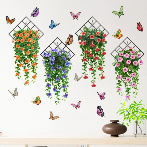 Modern PVC Morning Glory Flower Basket Butterfly Wall Sticker Waterproof Self-Adhesive Floral Mural For Living Room Bedroom Decor