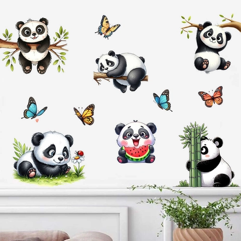Adesivi Murali Panda Cartone Animato Simpatico Panda Che Mangia Bambù PVC Impermeabile Adesivi Parete per Bambini Camera da Letto Soggiorno Casa