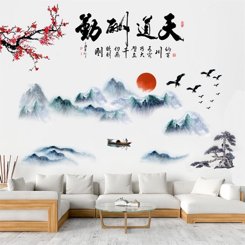 Adesivi Murali Stile Cinese Impermeabile PVC Paesaggio Pittura Calligrafia Bambù Loto Motivazione Decalcomania Parete Per Soggiorno Decorazioni