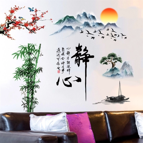 Adesivi Murali Stile Cinese Impermeabile PVC Paesaggio Pittura Calligrafia Bambù Loto Motivazione Decalcomania Parete Per Soggiorno Decorazioni