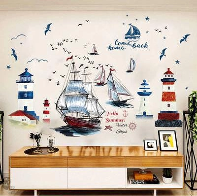 Mediterraner Stil Nautische Segelboot Leuchtturm PVC Wandtattoos Nordisch Ozean Thema Wasserdichte Dekorative Kunst Poster