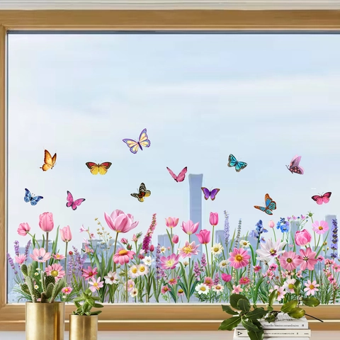 Bunte Tulpe Schmetterling Statische Fensterbilder Wasserdichte PVC Blumen Aufkleber Für Glas Kühlschrank Fenster Dekoration Heimdekor