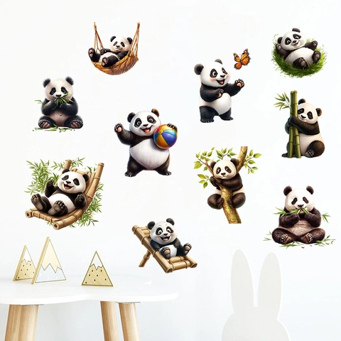 Stickers Muraux Panda Dessin Animé Bambou Papillon Imperméable PVC Amovible DIY Décalcomanie pour Chambre d'Enfant Maison