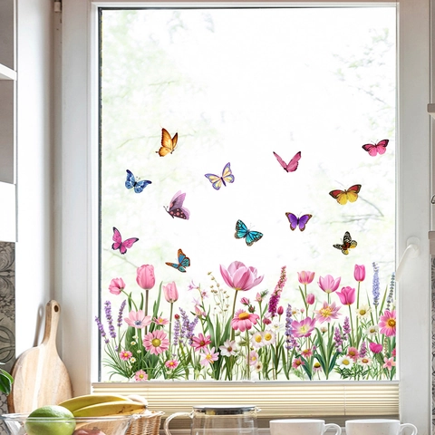 Bunte Tulpe Schmetterling Statische Fensterbilder Wasserdichte PVC Blumen Aufkleber Für Glas Kühlschrank Fenster Dekoration Heimdekor