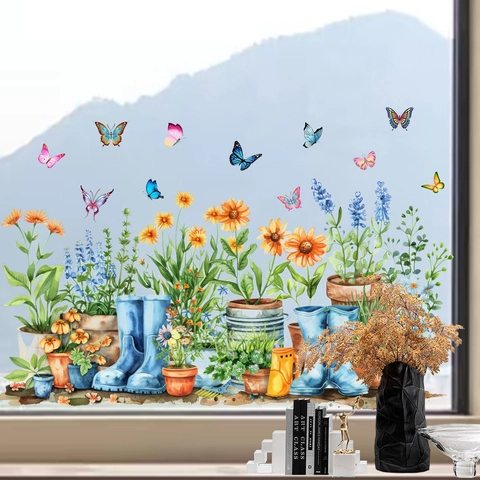 Vinilo Estático para Ventana Acuarela Jardín Flores Mariposa PVC Impermeable Pegatina Decorativa para Puerta de Cristal