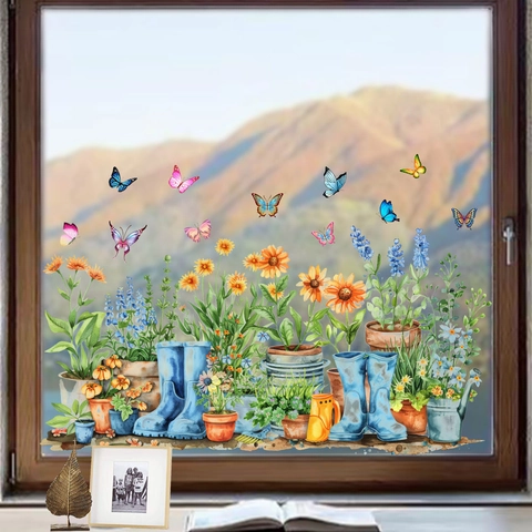 Vinilo Estático para Ventana Acuarela Jardín Flores Mariposa PVC Impermeable Pegatina Decorativa para Puerta de Cristal