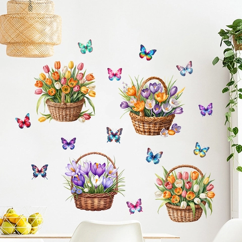 Tulip Flower Basket Butterfly Waterproof Wall Stickers For Living Room Bedroom Kids Room PVC DIY Home Decor Mural Decals