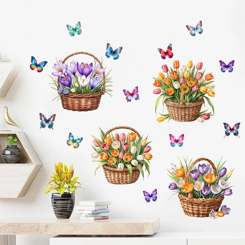 Tulip Flower Basket Butterfly Waterproof Wall Stickers For Living Room Bedroom Kids Room PVC DIY Home Decor Mural Decals