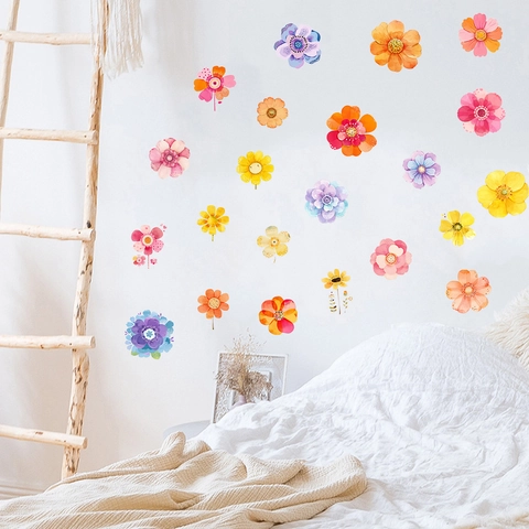 Stickers Muraux Floraux à l'Aquarelle PVC Imperméable Auto-Adhésif Décalcomanies de Fleurs pour Salon Chambre d'Enfant Décor