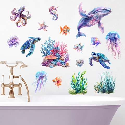 Watercolor Sea Creatures Wall Stickers Whale Turtle Octopus Seaweed Waterproof PVC Decal For Bathroom Kids Room Home Decor