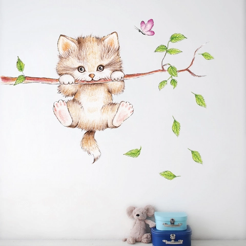 Adesivi Murali Gatto Cartone Animato PVC Impermeabili Decalcomanie Animali per Cameretta Bambini Asilo Decorazione Parete Casa