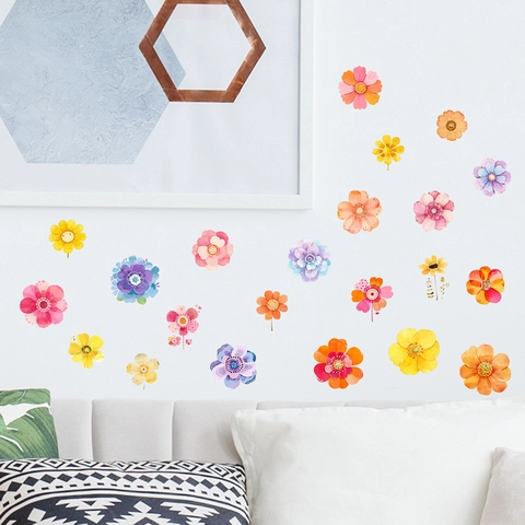 Stickers Muraux Floraux à l'Aquarelle PVC Imperméable Auto-Adhésif Décalcomanies de Fleurs pour Salon Chambre d'Enfant Décor
