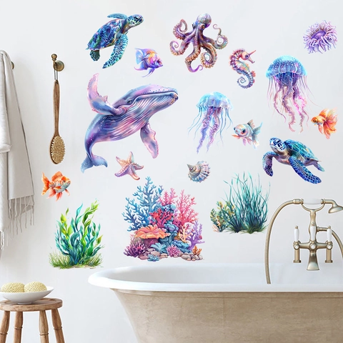 Watercolor Sea Creatures Wall Stickers Whale Turtle Octopus Seaweed Waterproof PVC Decal For Bathroom Kids Room Home Decor